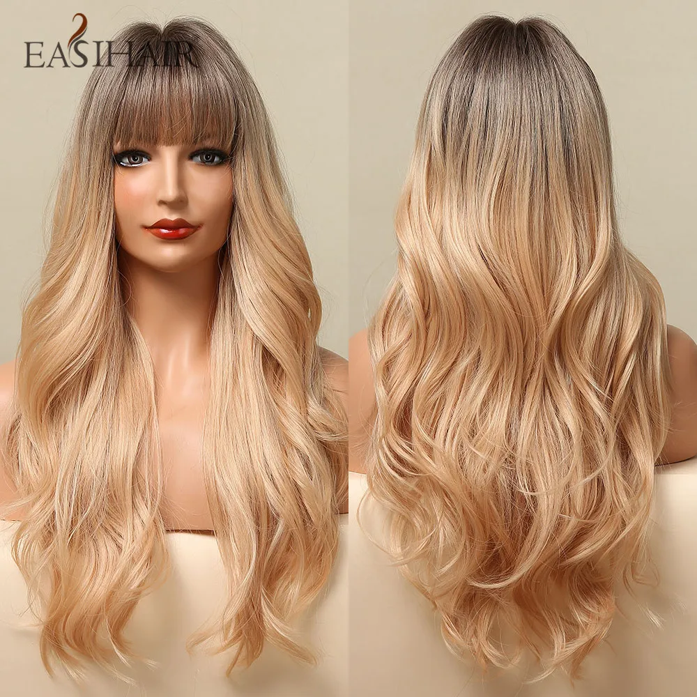 

EASIHAIR Long Wavy Brown to Light Blonde Ombre Synthetic Wigs for Women Natural Hair Wig with Bangs Heat Resistant Blonde Wig