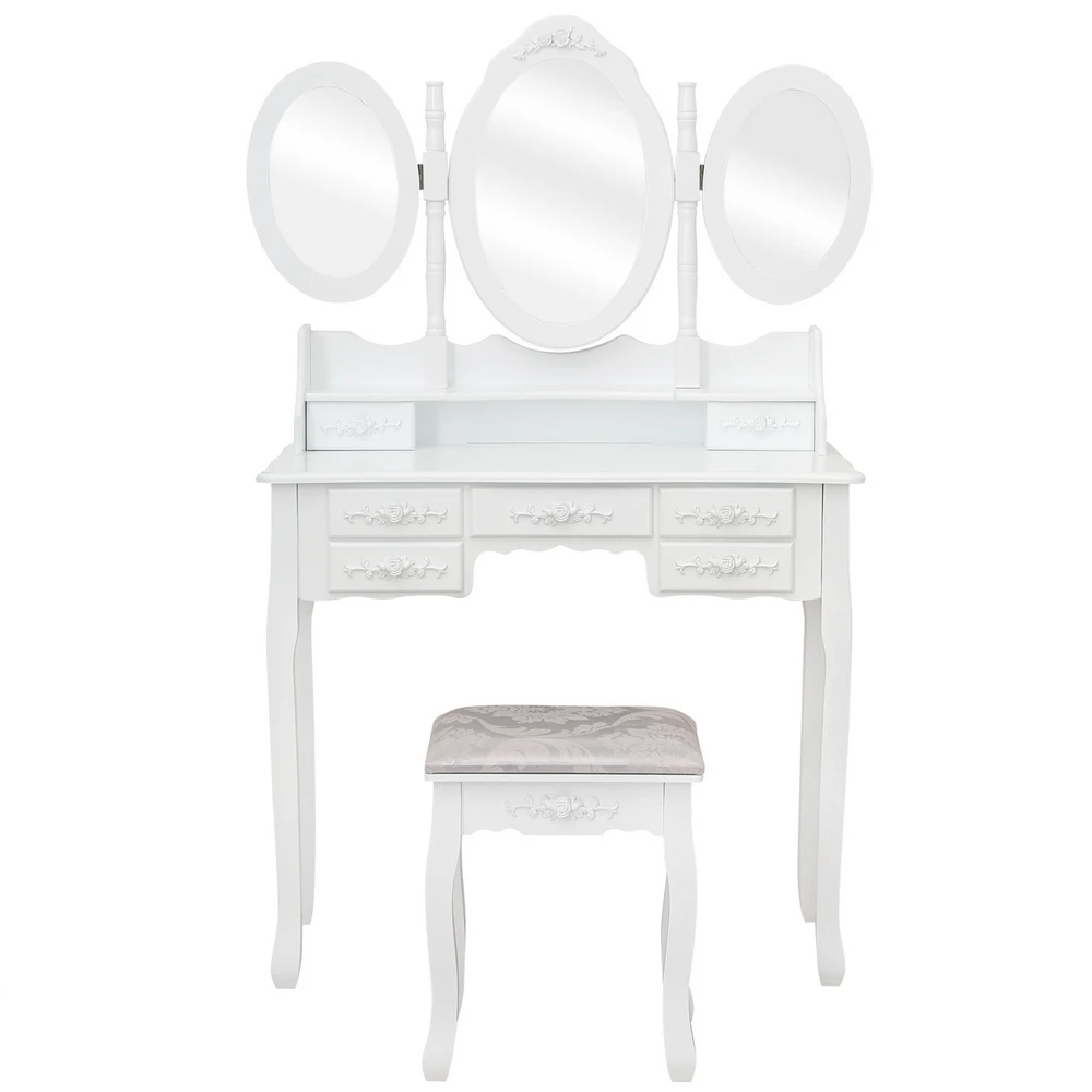 

Dressing Table Dresser MDF with 3 Foldable Oval Mirrors 7 Drawers 1 Stool White Easy to Install[US-Stock]
