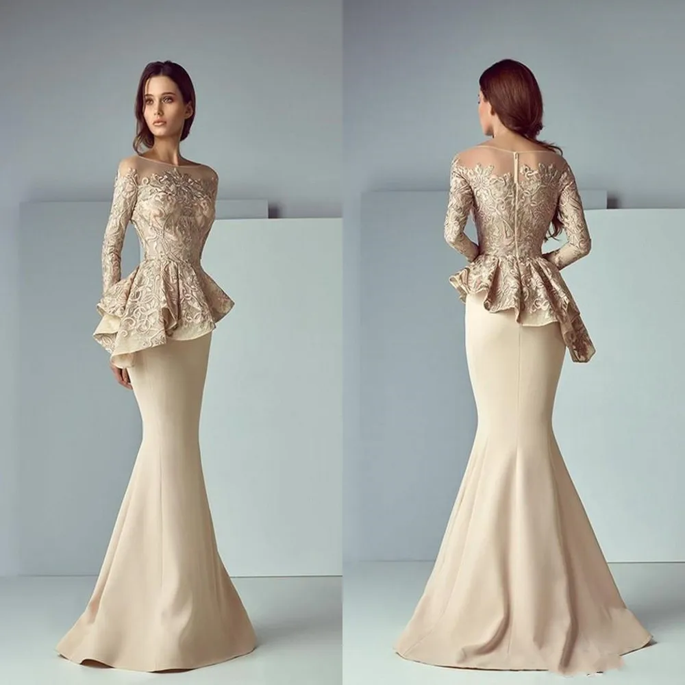 

2021 Champagne Mother Of The Bride Dresses Jewel Neck Mermaid Illusion Long Sleeves Lace Appliques Peplum Wedding Guest Gowns Pl