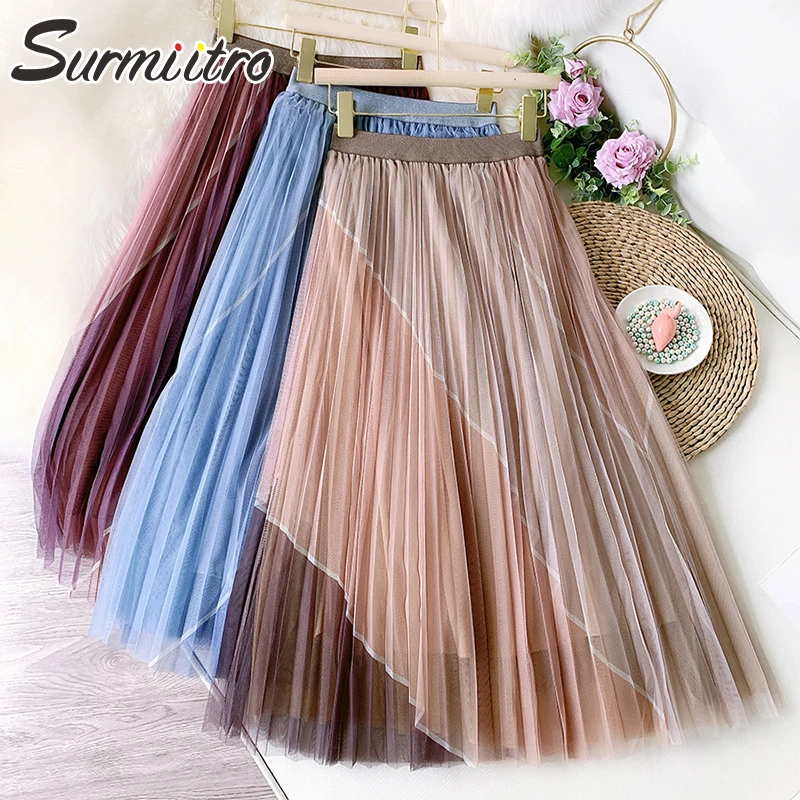 

SURMIITRO Korean Style Tutu Tulle Long Skirt Women 2021 Spring Summer Spell Color Mesh High Waist Pleated Midi Skirt Female