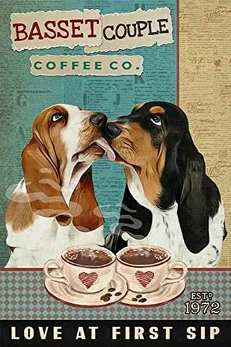 

SIGNCHAT Basset Hound Lovers Custom Year Poster Dog Basset Couple Coffee Company Home Decor Bathroom Metal Sign 8x12 inch