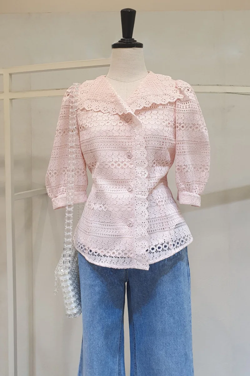 

Women's Lace Half Sleeve Shirt Summer Thin 2021 Korean Puff Sleeve Blouses Female Polo Collar Single Breasted Shirts Blouses
