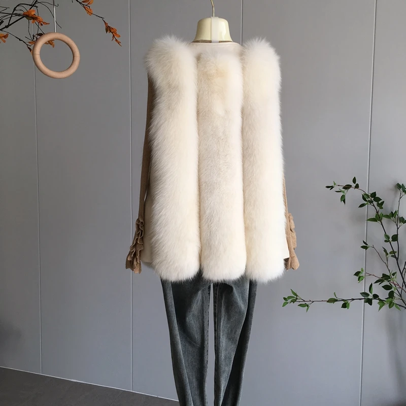 2021 New Real Fox Fur Gilet Women's Coat Waistcoat Fur Sleeveless Gilet Caramel Color Wild Coats Casual Style Plush Warm Jacket