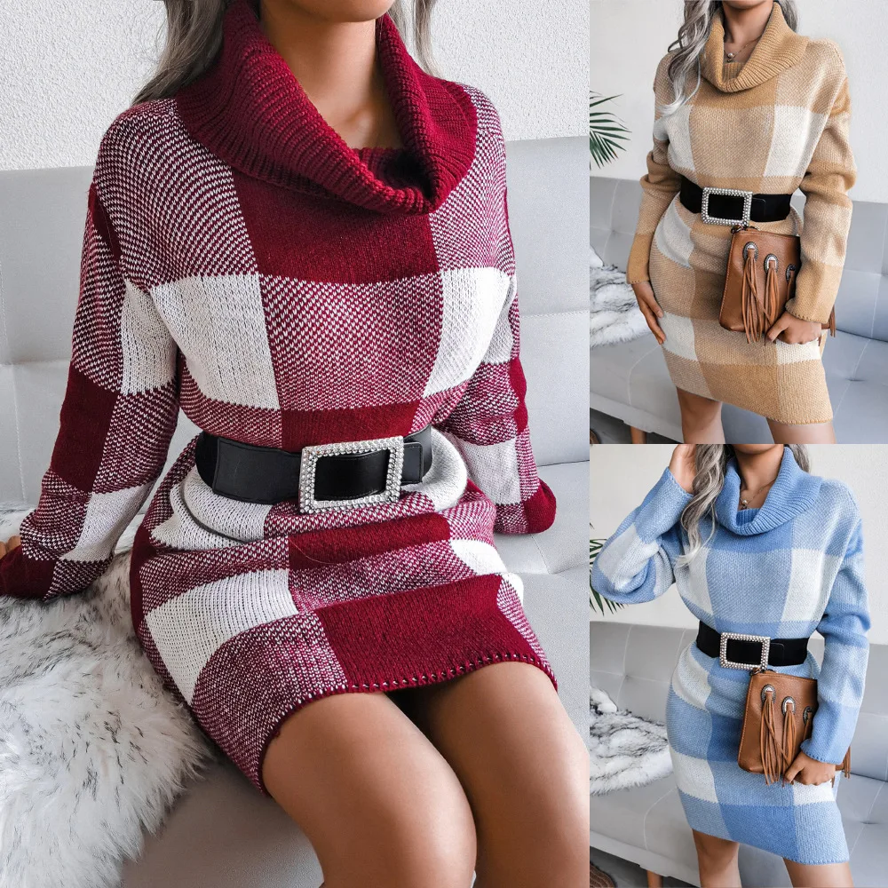 

Autumn And Winter New Fashion Plaid Turtleneck Sweater Skirt Knitted Dress Women Clothing