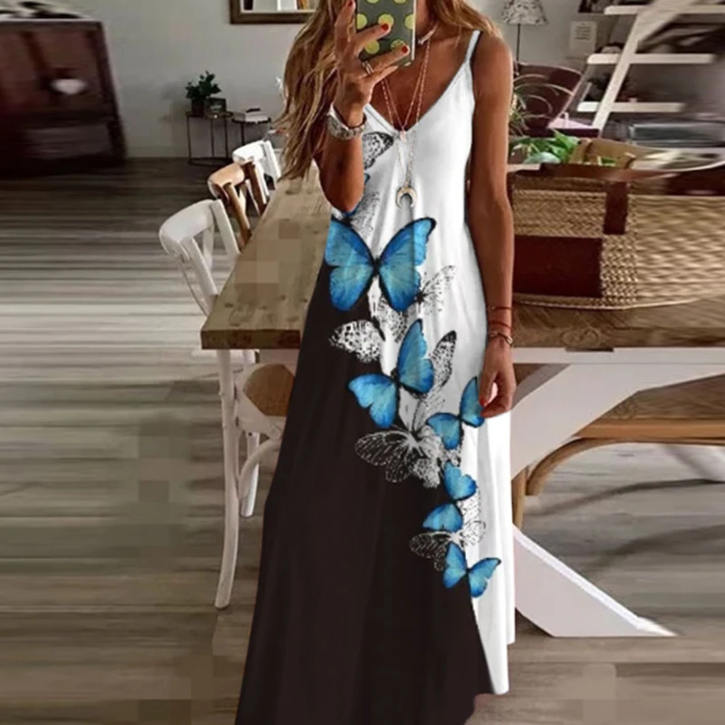 

Lady Fashion Beach Dress Vestido Women Elegant Butterfly Print Colorblock Spaghetti Strap Maxi Dress Sexy V Neck Boho Long Dress
