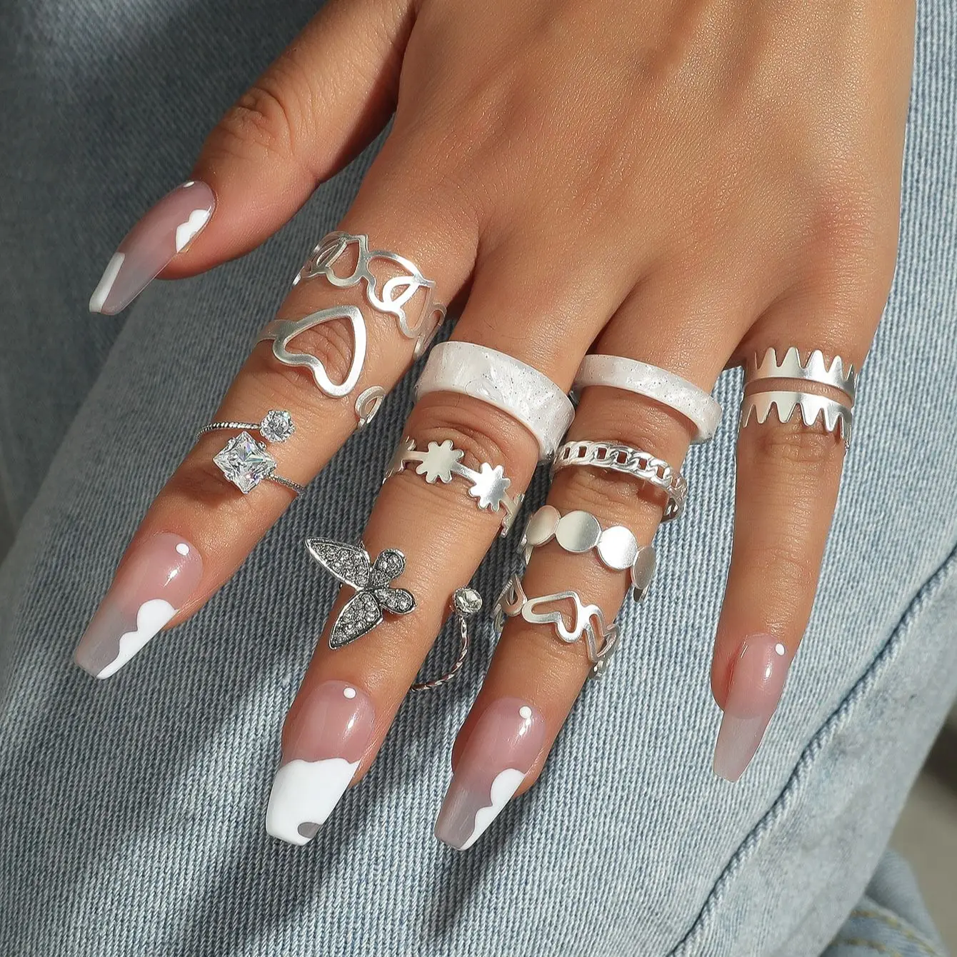

Dumb jewelry silver zircon rhinestone pink white butterfly open love heart ring ladies party travel leisure jewelry set ring 11