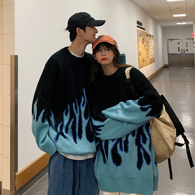 

Harajuku Female HIpHop Style Clothes Flame Jacquard Women Streetwear Couple Pullover Knit Top Loose Autumn Winter Casual Sweater