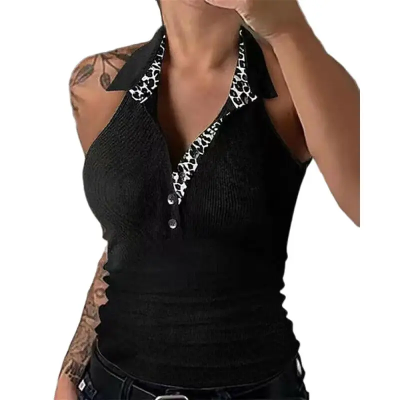 

VICABO Womens Black Sexy Lapel Necks Sleeveless Shirt Fit Slim Vest Ladies Sexy Tops Casual Summer Leopard Patchwork Halter Crop