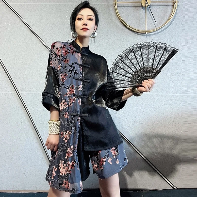 

2021 Harajuku Tee Tops Chinese Style Tang Suit Women Casual T-Shirt Wide Leg Shorts Pants Set Oriental Clothing Plus Size FF3370