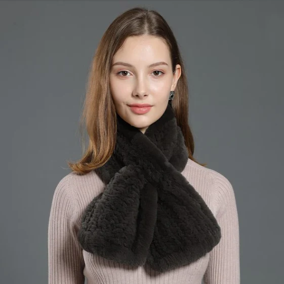 CX-S-33A Women Real Fur Handmade Scarf Knit Genuine Rex Rabbit Girls Natural Scarves Winter | Wraps