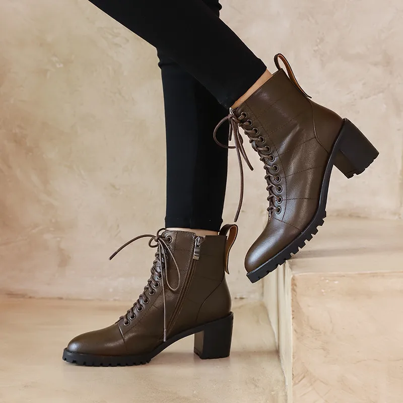 

FEDONAS INS Hot Ankle Boots Ladies Autumn Winter Genuine Leather Shoes Woman Side Zipper Working Basic High Heels Boots Boots