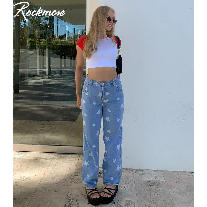 

Rockmore Harajuku Print Jeans Baggy Women Wide Leg Denim Trouser Loose Cargo Pants Korean Fashion Streetwear Y2K Boyfriend Jeans