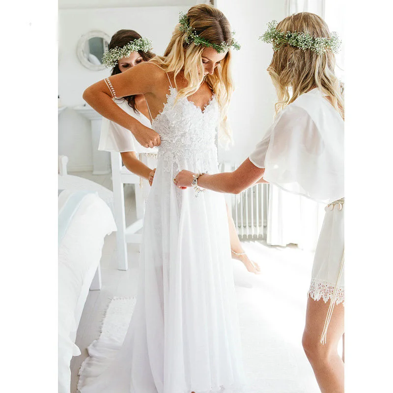 

Lace Chiffon Wedding Dresses with Slit Sexy Backless Boho Bridal Dress Garden Beach Robe de Mariage 2020 Bride Gown