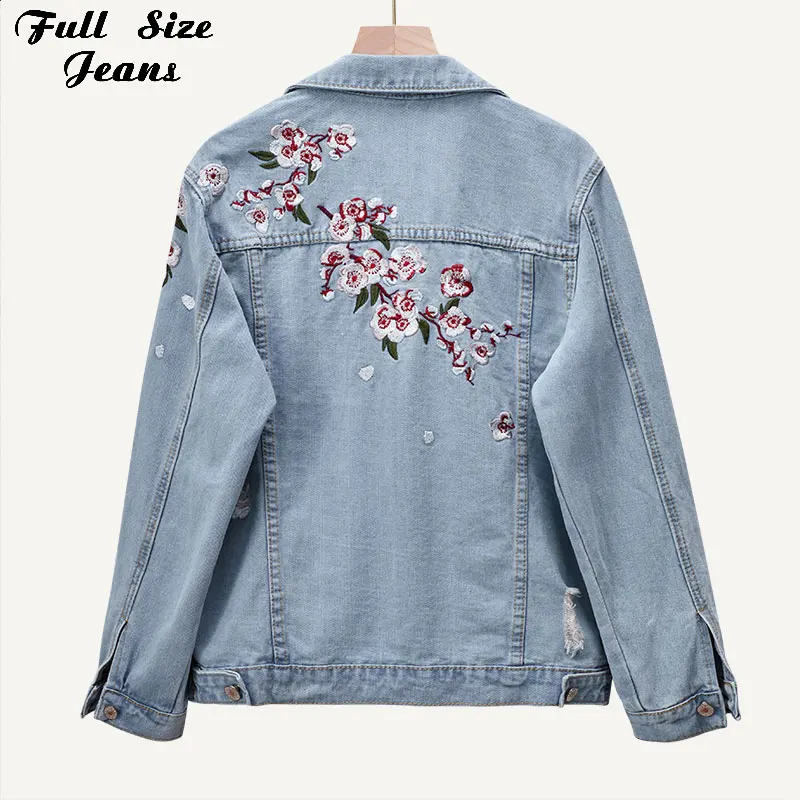 

Jeans Jackets Plus Size Plum Blossom Flower Embroidery Ripped 4XL 5XL Women Harajuku Loose Ripped Light Blue Denim Coat Outwear