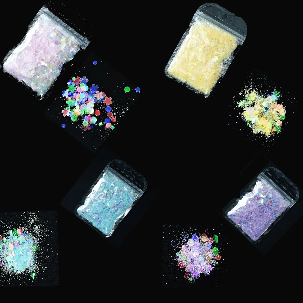 

50g/Bag Holographic Glitter Nails Snowflake/Leaf/Mermaid/Heart Shape Reflective Sequins Mix Nails Acrilic Powder for Nails Decor