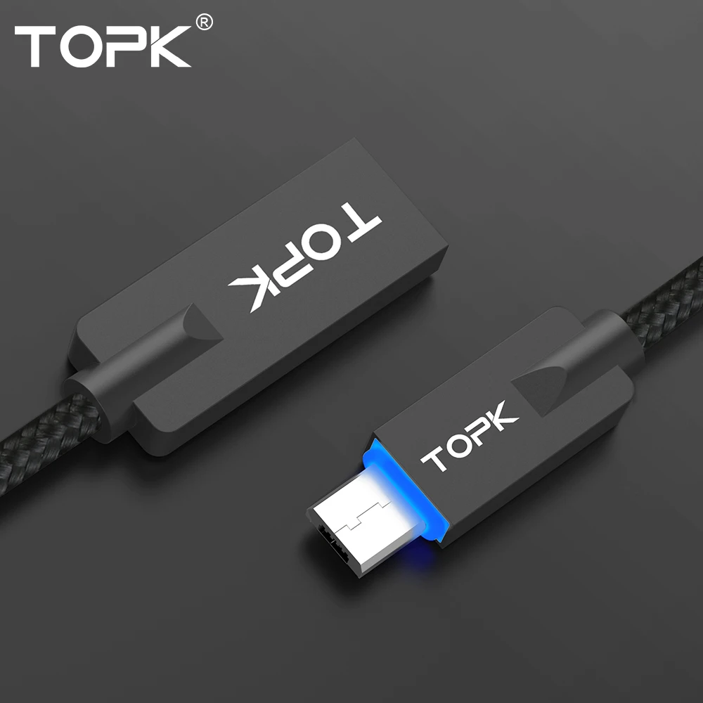 Светодиодный Micro USB кабель TOPK нейлоновый в оплетке из сплава цинка для быстрой