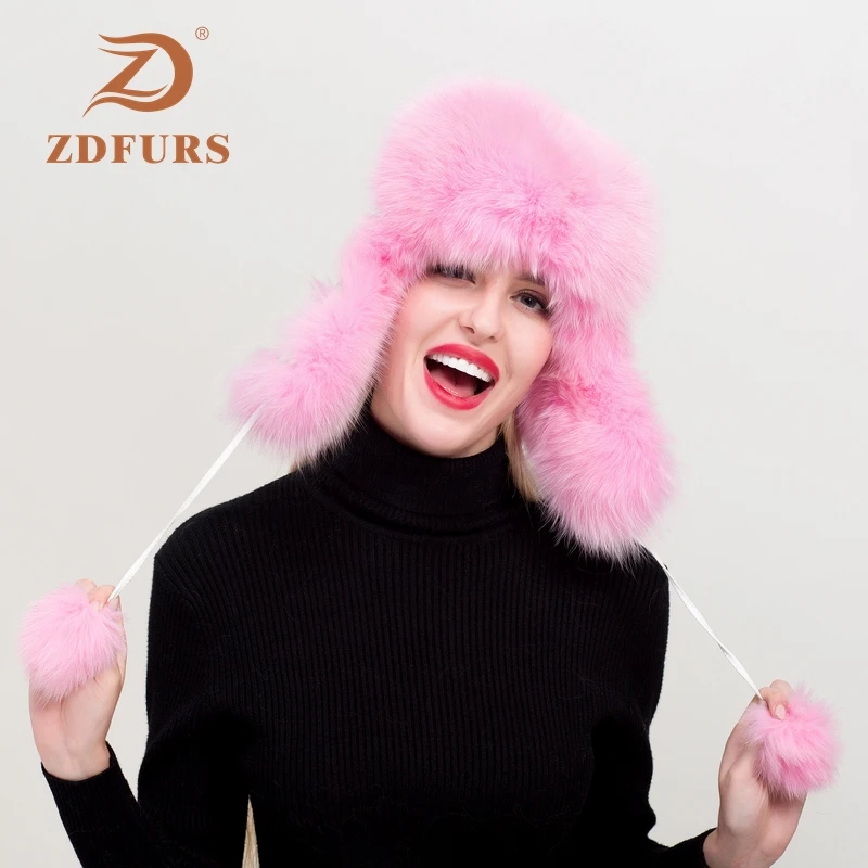 ZDFURS* женская шапка из натуральной Лисы Зимняя ушанка шапка-ушанка Россия Снег Ветер толстый теплый мех натуральная овчина кожаные кепки