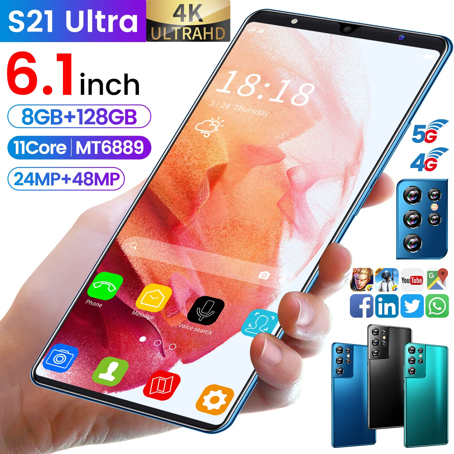

Smartphone Galxy S21 Ultra 6.1 Inch 8G 128GB 24MP+48MP Android 11 5000mAh Ten Core Really MTK6889 4G 5G Dual SIM Global Version