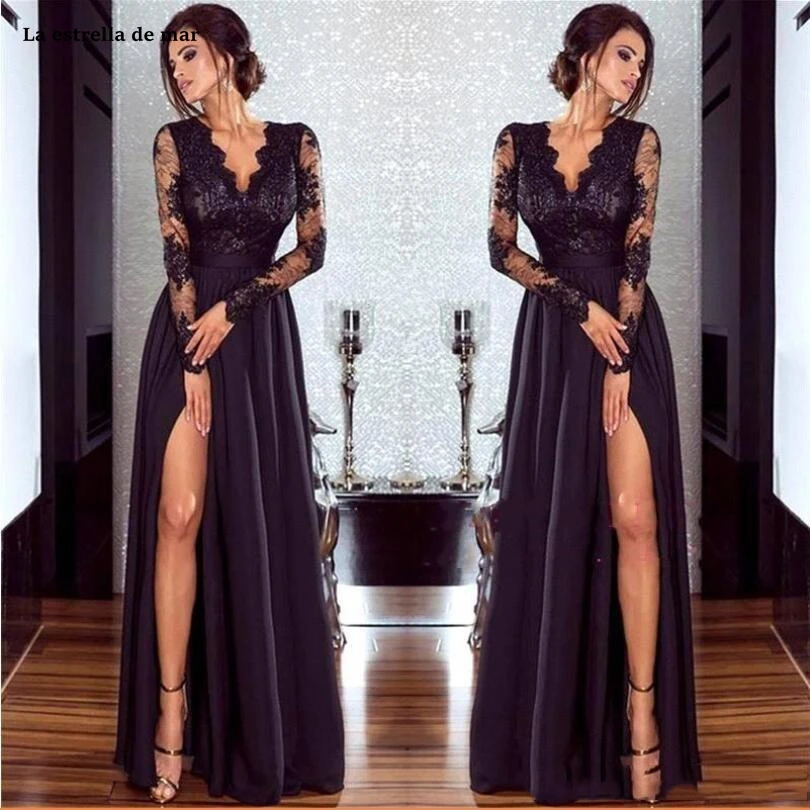 

vestidos de gala 2020 Sexy V Neck Lace Chiffon Sexy Split Long Sleeve Black Champagne Prom Dress Long Mezuniyet elbiseleri