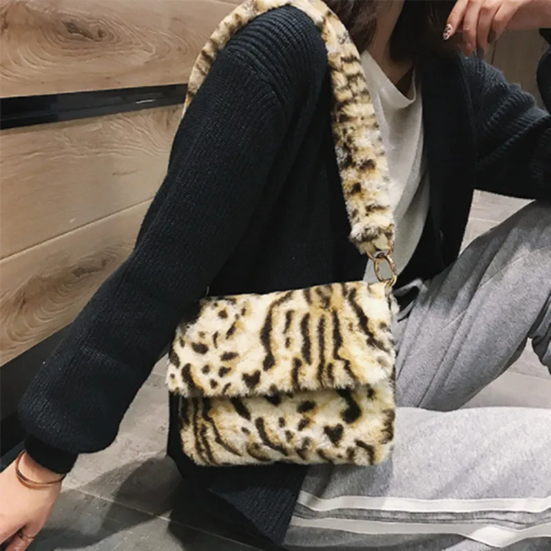 

Leopard pattern women's bag faux fur handbag ladies shoulder bag Fur Bag for women Winter new fashion shoulder ladies hand bags