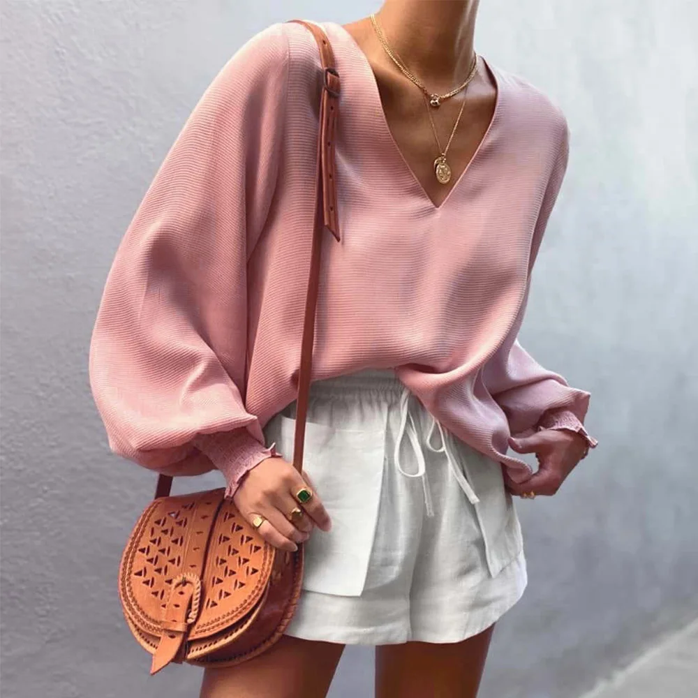 

Fall 2020 Casual Loose Pink Shirt Women Sweet V-neck Lantern Long Sleeve Rib Top Shrink Cuff Solid Pullover Shirt Viper