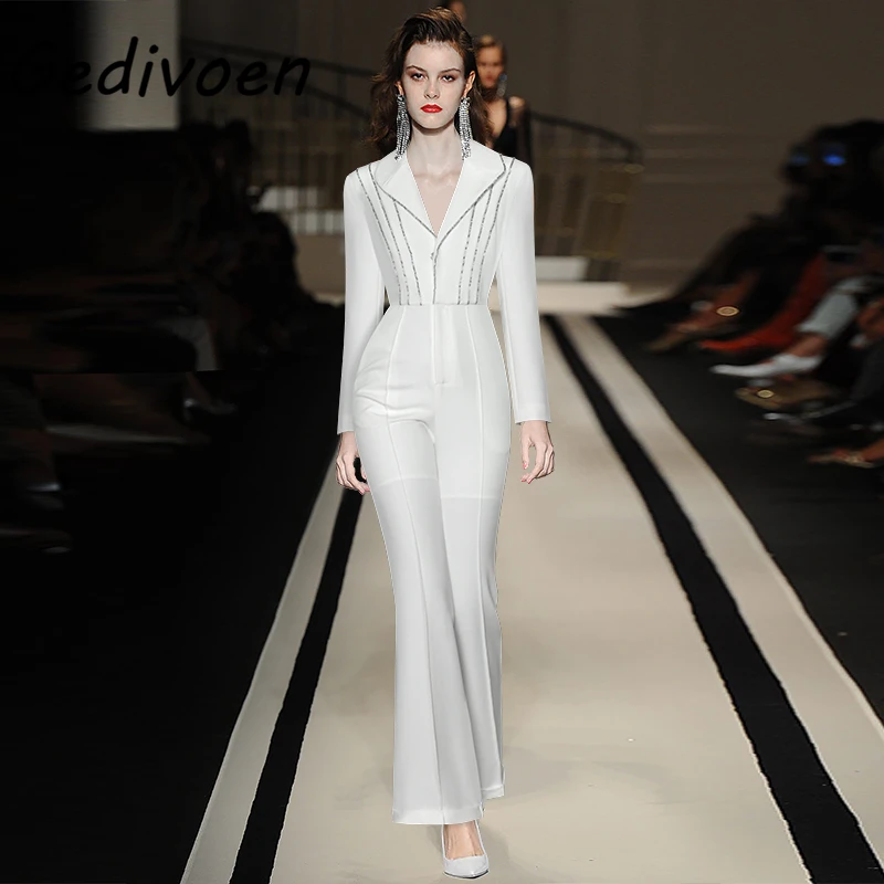 

Gedivoen Designer Fashion Autumn Jumpsuits Women's Elegant Turn-down Collar Full Sleeve Beading Solid Romper Flare Long Pants