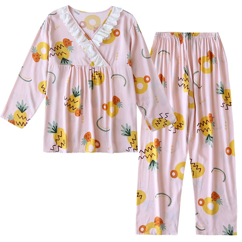 

Women's pajamas 2021 new cotton silk spring and autumn long sleeve cotton silk suit summer large size home clothes cute