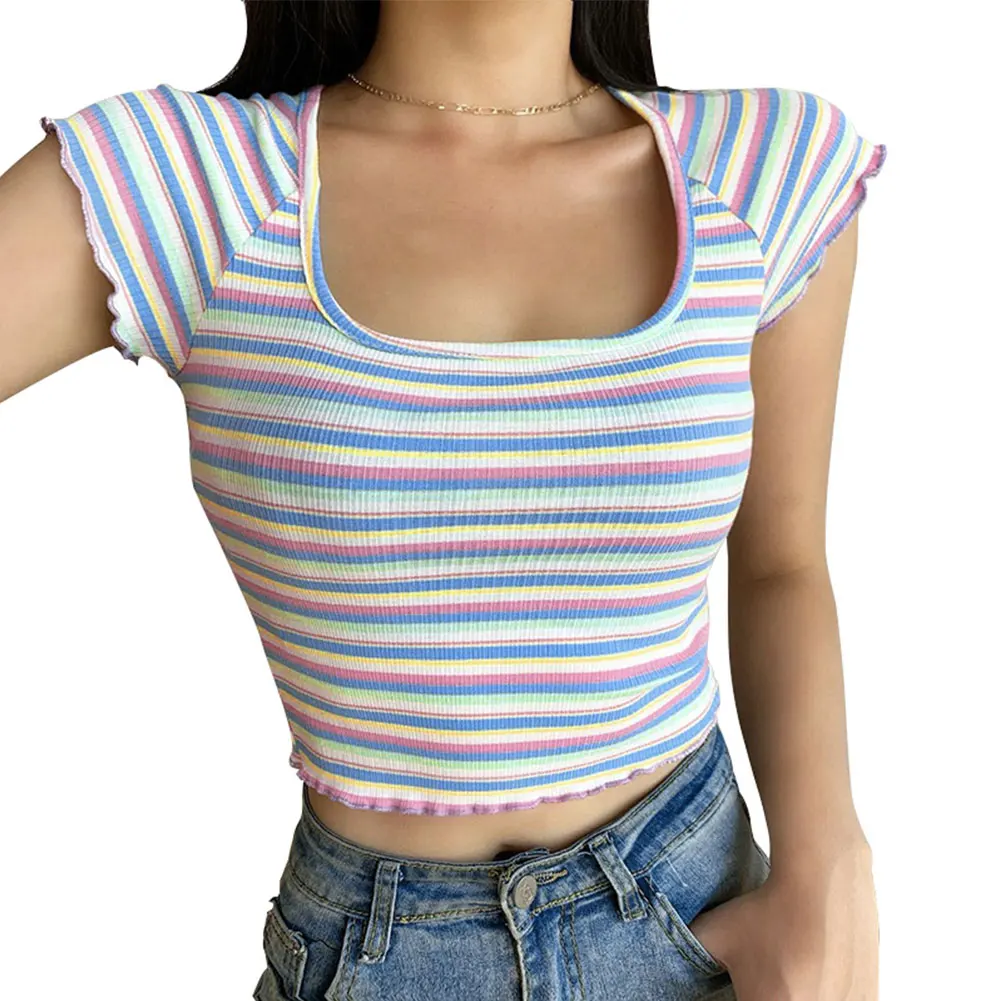 

Модные женские футболки в полоску до пупка, летние облегающие Женские Короткие футболки с коротким рукавом, милые топы для девочек, одежда, ...