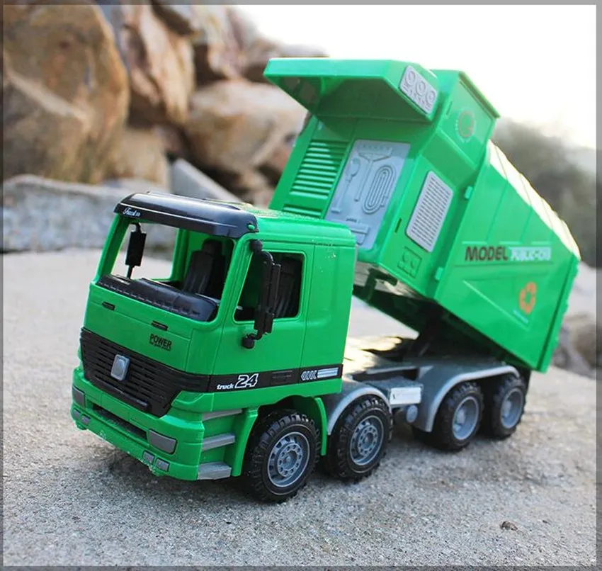 

[Gift] Big Size Side Loading Garbage transfer car tricolor green trash traffic sanitation Truck Can Be Lifted With 3 Rubbish Bin