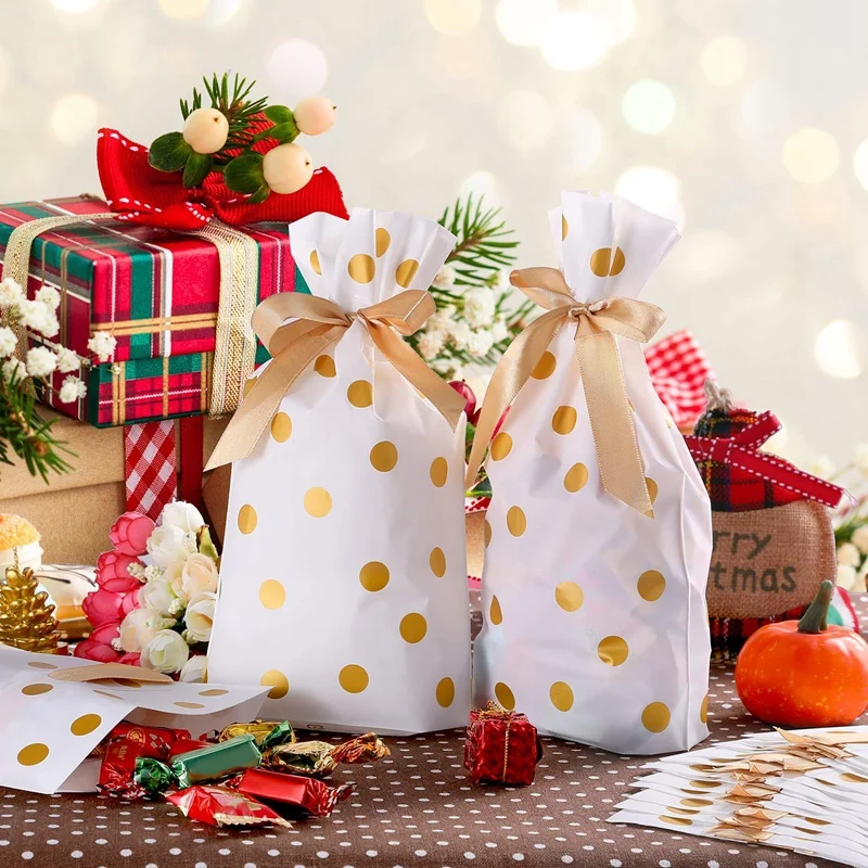 

50 Packs Treat Bags with Drawstring Candy Bags, Plastic Favor Bag Drawstring Cookie Bags for Christmas Wedding Party Birthday En