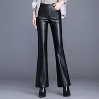 faux leather women flare pants autumn pu bell trousers female long pant slim solid black moto casual ladies bottoms
