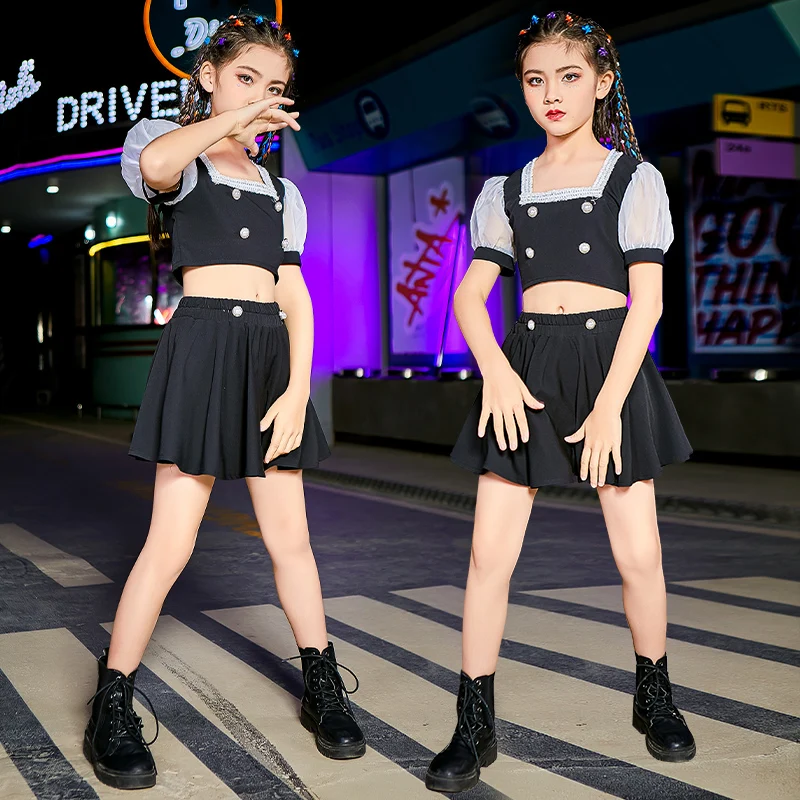 

Children JazzDance Costume Girls Hip Hop Clothing Tops Skirt Black Short Sleeve Hip Hop Suit Cheerleader Dance Wear 120-170CM