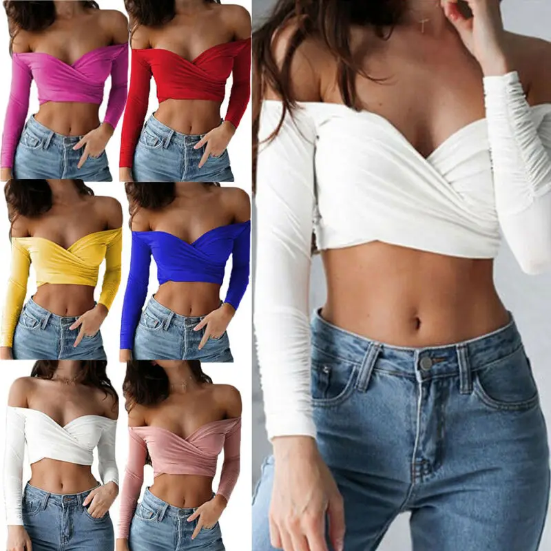 Летняя модная женская блузка с открытыми плечами Укороченная рубашка v образным