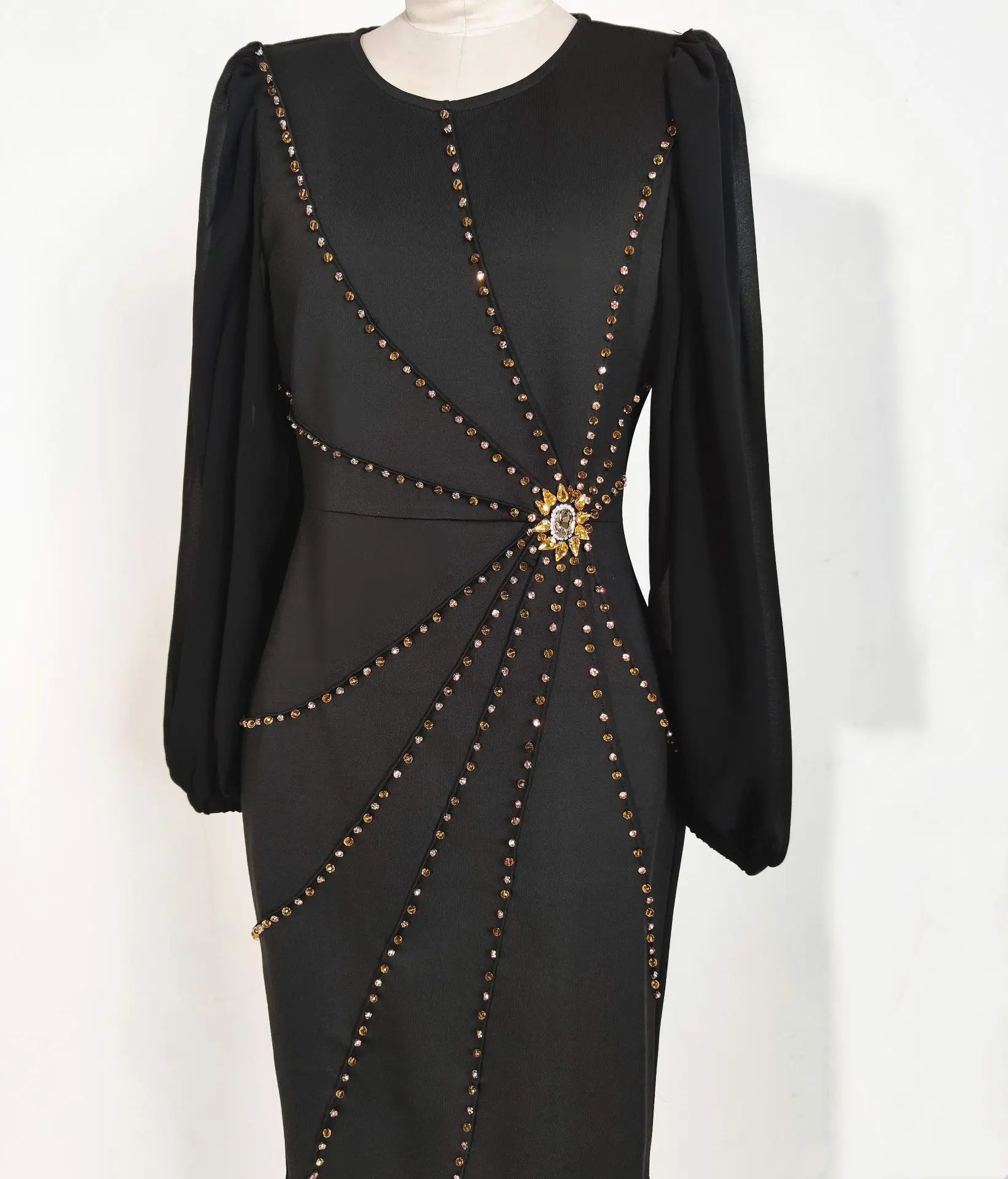 

Muxi muslim women abaya black elastic trim large lantern sleeves sewing drill party dress Mid-East Dubai Turkey abayas for wonen