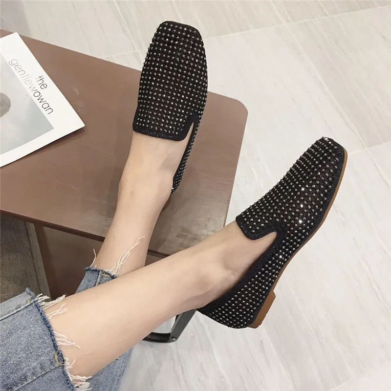 Wellwalk/черная блестящая обувь женские балетки на плоской подошве со стразами