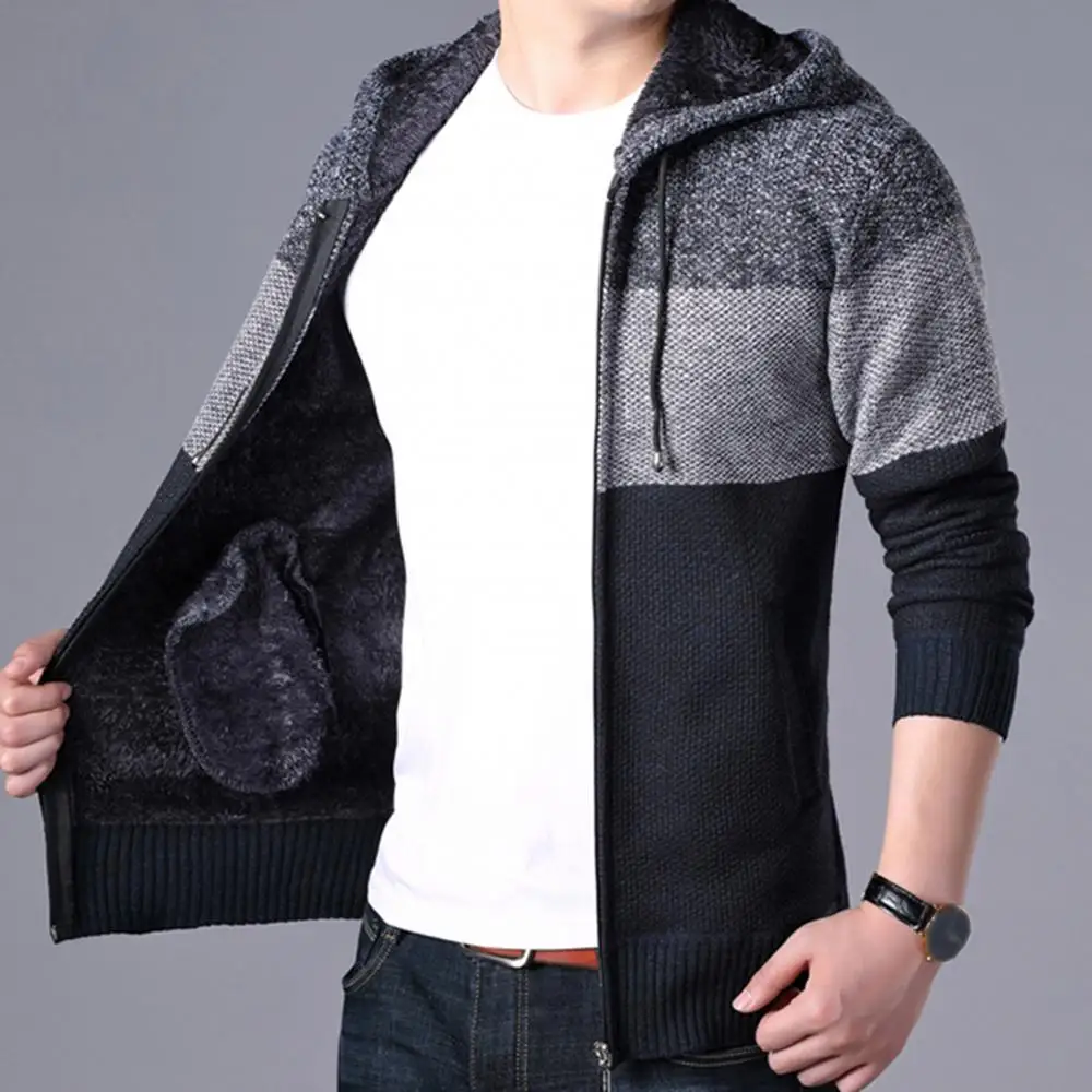 

Autumn and winter men's hooded jacket long-sleeved color block zipper slim-fit men's jacket plush warmth daily men work jackets