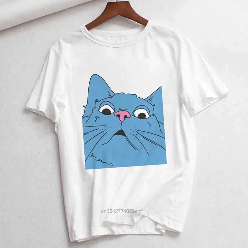 

Loose Funny Blue Cat T-shirt Korean Ulzzang Cry Cat Loves Print Tops Summer Short Sleeve
