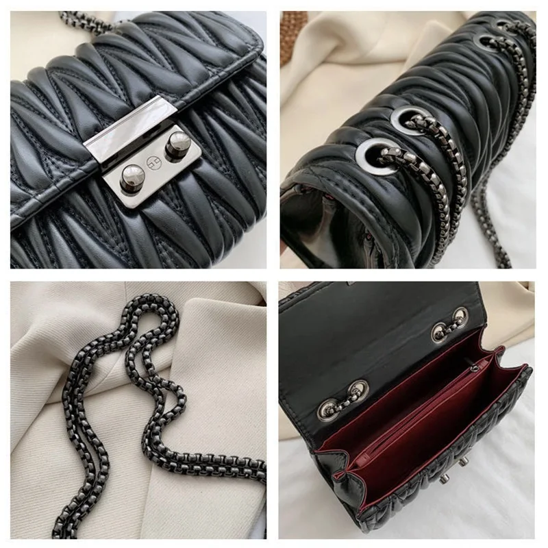 

Women Autumn Bags Fashion Mini Chains Design Shoulder Strap Small Square Messenger Bag Pleated Single Shoulder Crossbody Bag