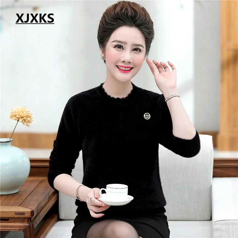 XJXKS ropa mujer Invierno свитер большого размера элегантный кашемировый пуловер с длинными рукавами универсальные пушистые пуловеры женский свитер - Цвет: Черный