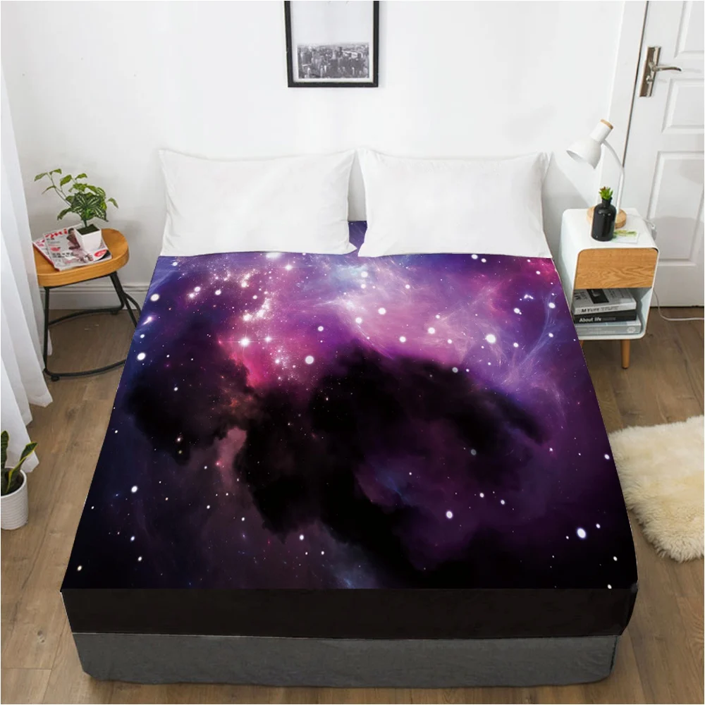 Sábana bajera Galaxy con banda elástica, cubierta de colchón, color negro y lila, 150x20/180/200/160x200