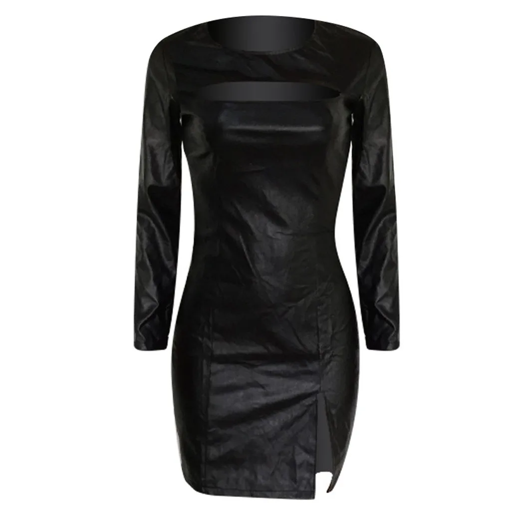 

Sexy Bodycon Dress Women Leather Slim Solid Color O-Neck stitching Long Sleeve Party Mini Dress Elegant Dresses Women sukienki