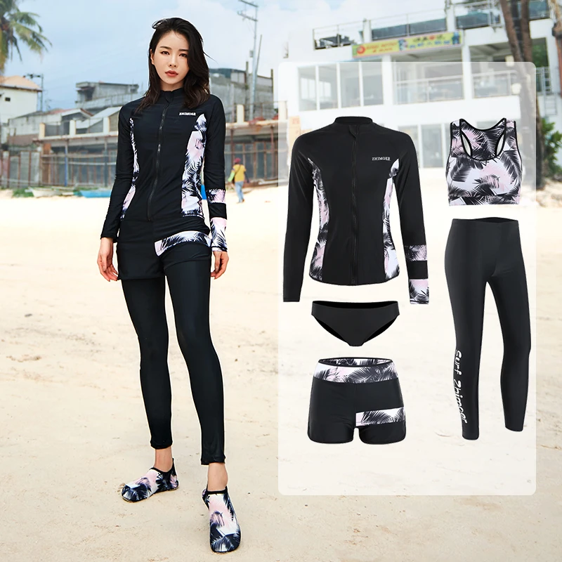 

Long Sleeve Rash Guard Women Printed 5 Pieces Swimsuit Zipper Swimwear Bathing Suits Surfing Pad Long Pant Couples Men 3 pieces