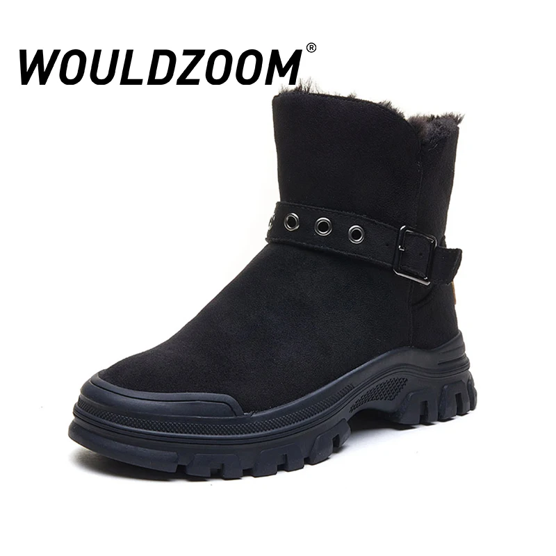 

WOULDZOOM Winter New Shoes 2021 Snow Boots Women Faux Fur Free Shipping Flat Platform Slip On Add Cotton Warm Ladies Woman Boots
