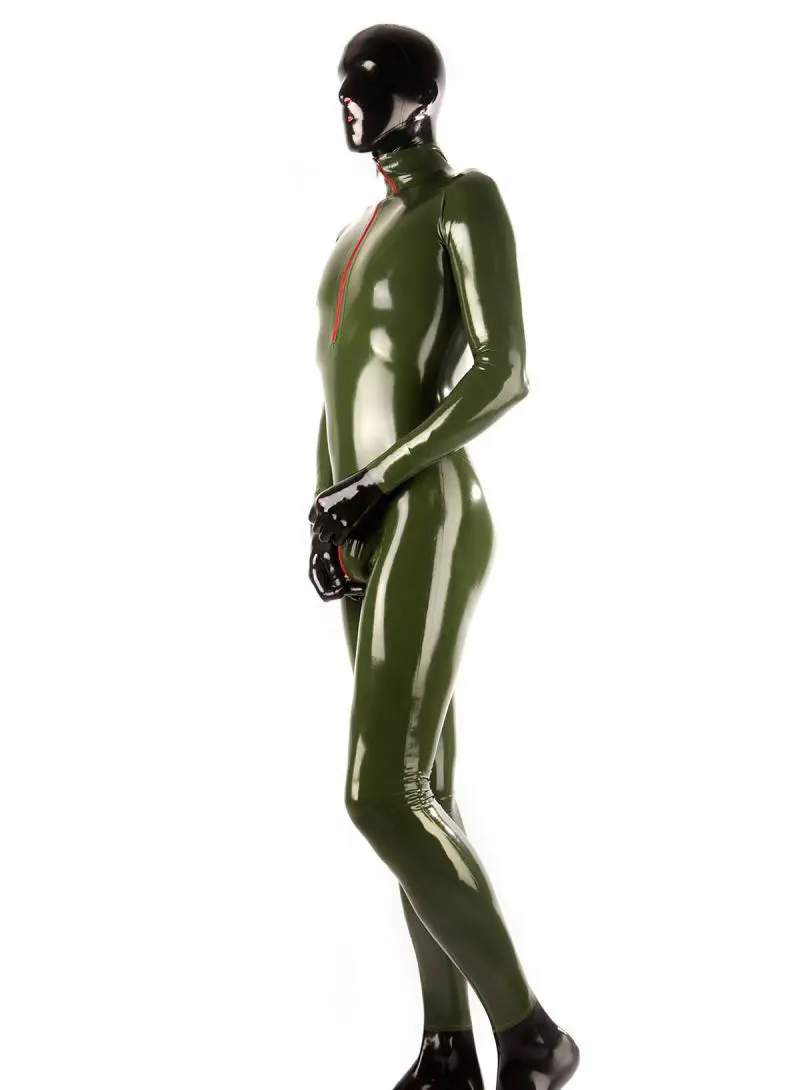Соблазнительный латексный костюм бодикон армейского зеленого цвета на молнии