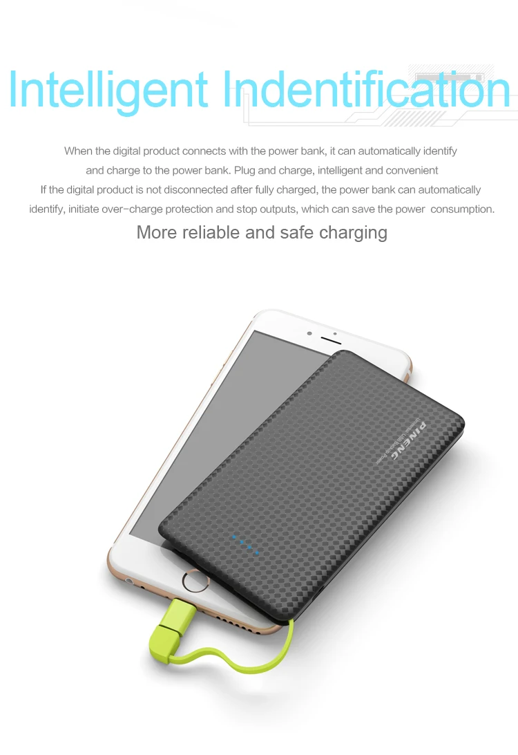 PINENG PN-952 10000mAh power Bank встроенный зарядный кабель Внешний аккумулятор вибрирующий переключатель USB питания