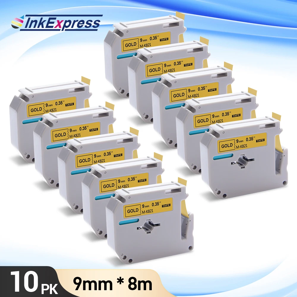 

10PK Black on Gold 9mm Label Ribbon Sticker M-K821 Replace Brother MK Label Tape MK-821 MK821 for Brother Labeler P-Touch 70 80