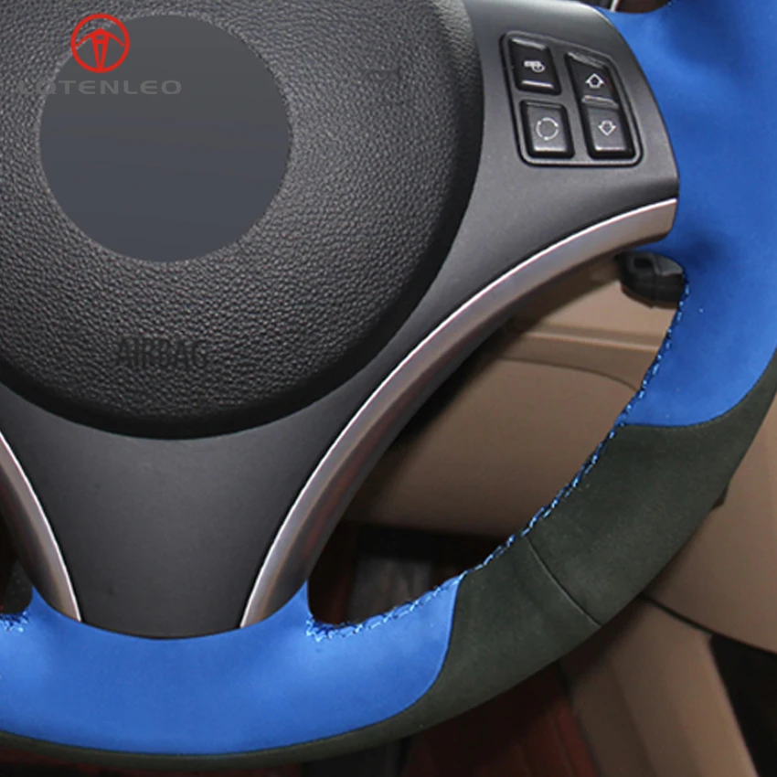 

LQTENLEO Black Blue Suede Hand-stitched Car Steering Wheel Cover for BMW M Sport 1 Series E87 E81 E82 E88 120i 130i 120d X1 E84