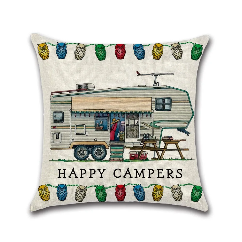

Happy Campers Car Cushion Cover Cotton Linen Happy Campers Throw Pillow Case For Sofa Home Decorative Pillowcase Cushion Cover