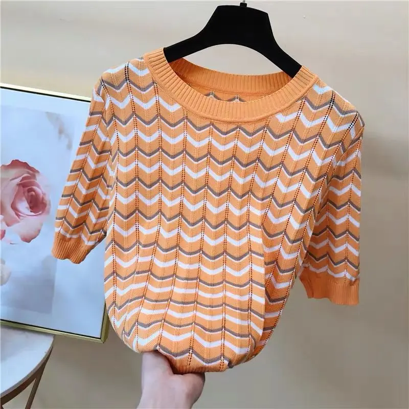 Loose Thin Hollow Silk Sweater Female Round Neck Striped Frill Short Sleeve Knitted Bottoming Jumper Pullover Women Spring | Женская