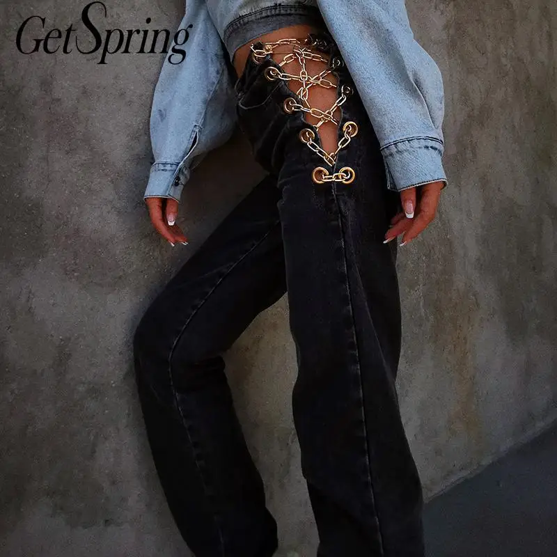 GetSpring женские джинсы черные прямые с металлической цепочкой сексуальные
